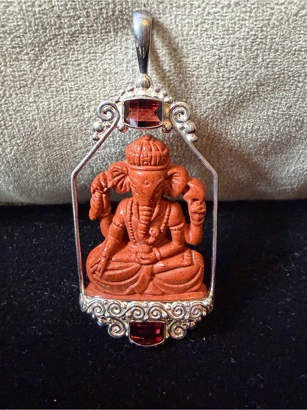 Sterling Silver Sajen/ Ganesha pendant hand-carved red jasper and garnet stones.